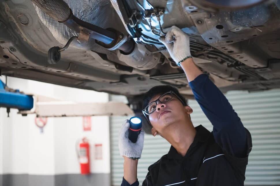 39656042 asian male mechanical hold and shining flashlight to examine car under chassis of automotive vehicle safety suspension inspection check service maintenance for customer before ro Marcas japonesas de llantas que destacan en México