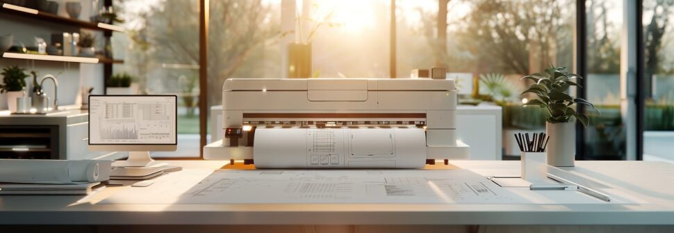61287362 a white printer sits on a desk next to a computer monitor by ai generated image La evolución histórica de las impresoras hasta la actualidad